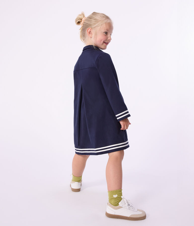 Effen katoenen kinderjurk met lange mouwen blauw