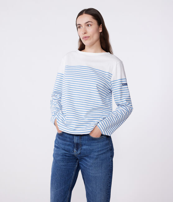 Katoenen T-shirt met lange mouwen en matrozenstreepjes voor dames wit MARSHMALLOW/blauw ALASKA