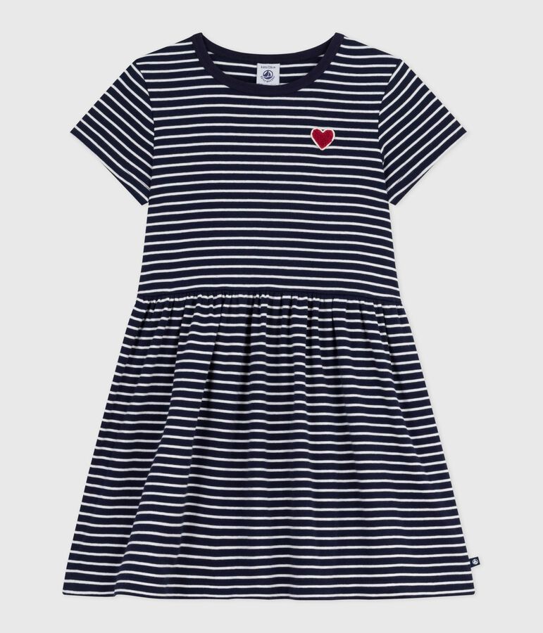 Robe enfant en coton manches courtes ray&eacute;e bleu/blanc