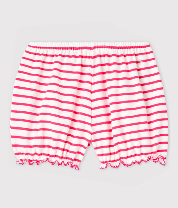 Culotte bloomer ray&eacute;e en coton b&eacute;b&eacute; fille. blanc/rose