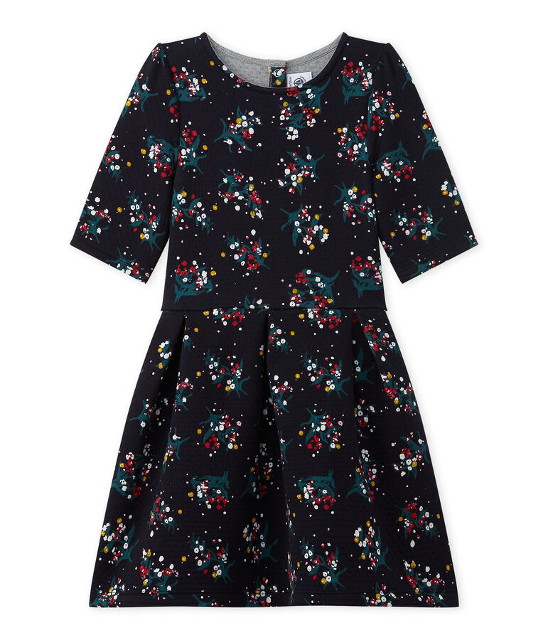 Robe fille manches 3/4 en tubique matelass&eacute; bleu/multicouleur