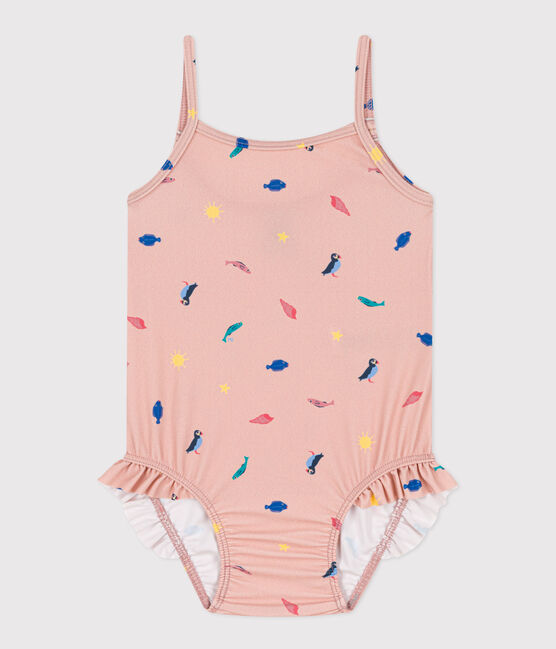 Badpak uit 1 deel voor baby's van gerecycleerd materiaal roze SALINE/wit MULTICO