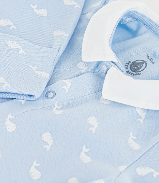 Katoenen babypyjama met kraag met walvisprint blauw/wit