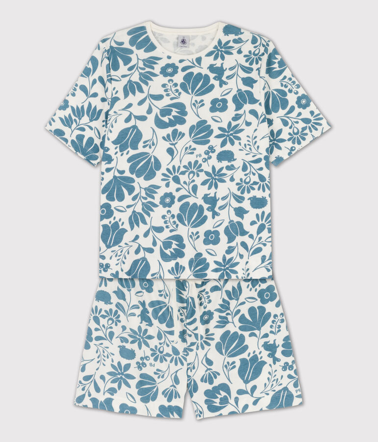 Pyjacourt fleur femme en coton blanc/bleu