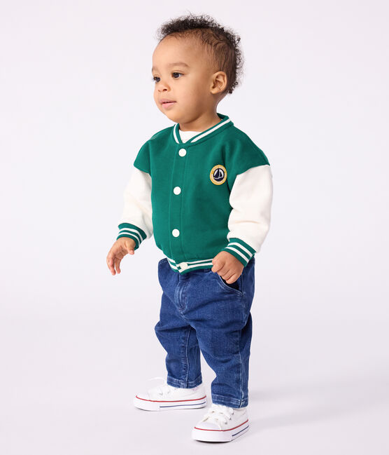 Tweekleurig katoenen babyjasje in collegestijl groen EVERGREEN/ MILK