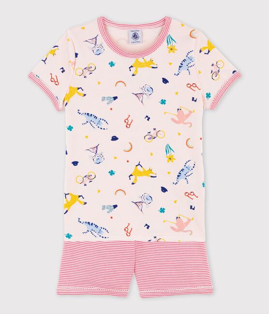 Pyjacourt imprimé animaux yoga petite fille en coton rose FLEUR/blanc MULTICO