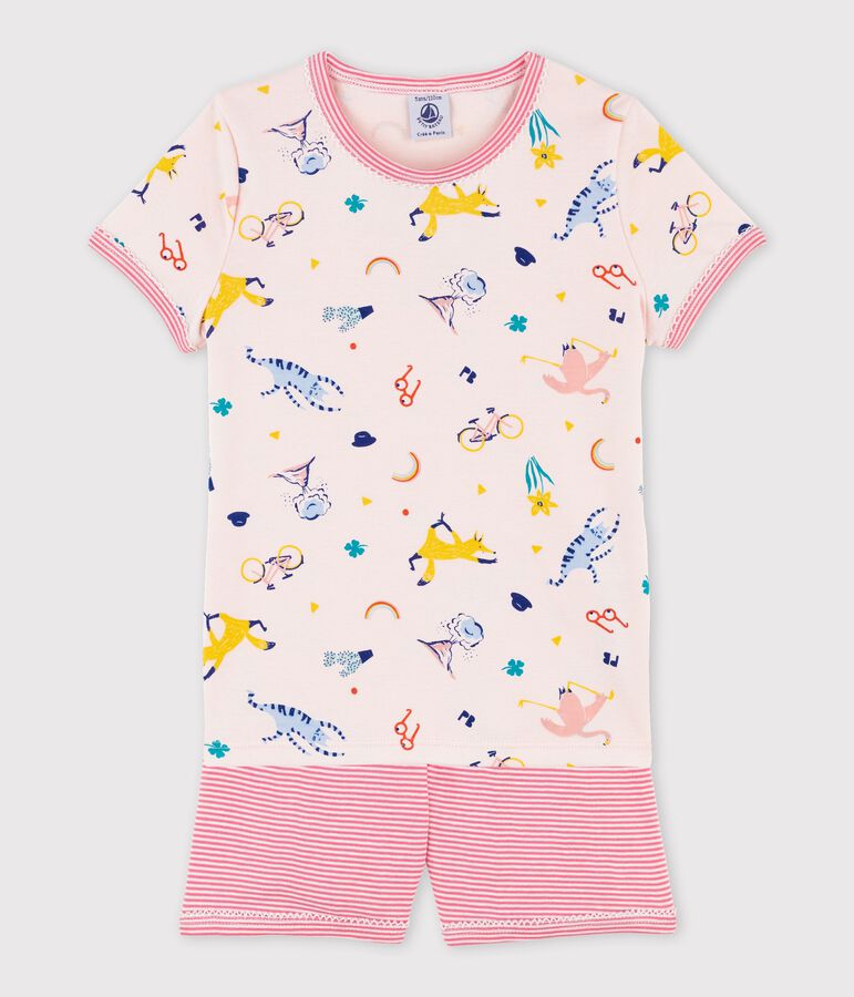 Pyjacourt imprim&eacute; animaux yoga petite fille en coton rose/multicouleur