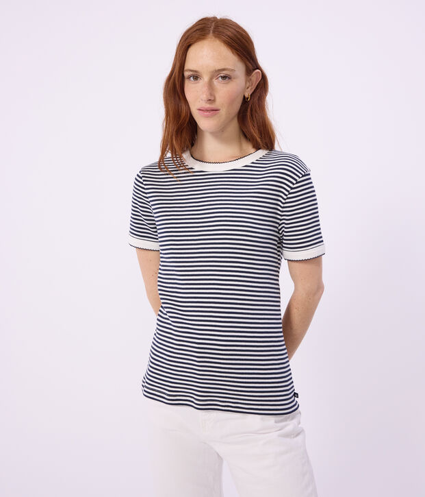 Tee-shirt femme en coton manches courtes &agrave; rayures bleu/blanc