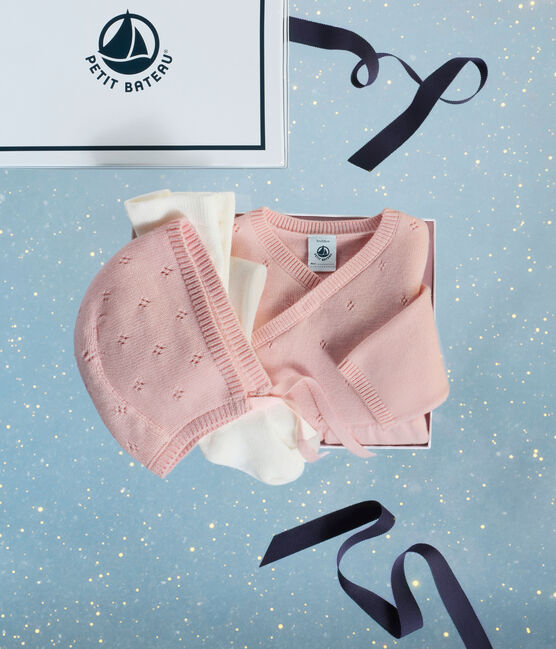 Ensemble cadeau bébé beguin, barboteuse et collant en tricot variante 1