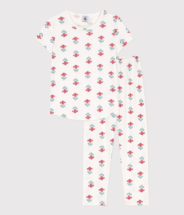 Meisjespyjama met korte mouwen en bloemenprint in katoen wit/multicouleur