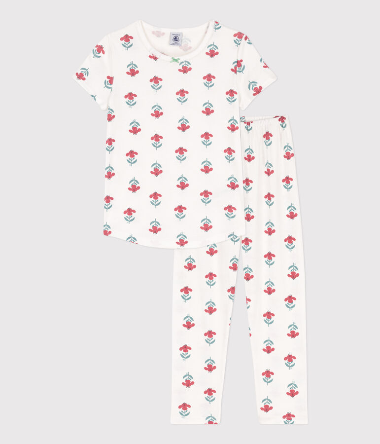 Pyjama manches courtes fleurs en coton petite fille blanc/multicouleur