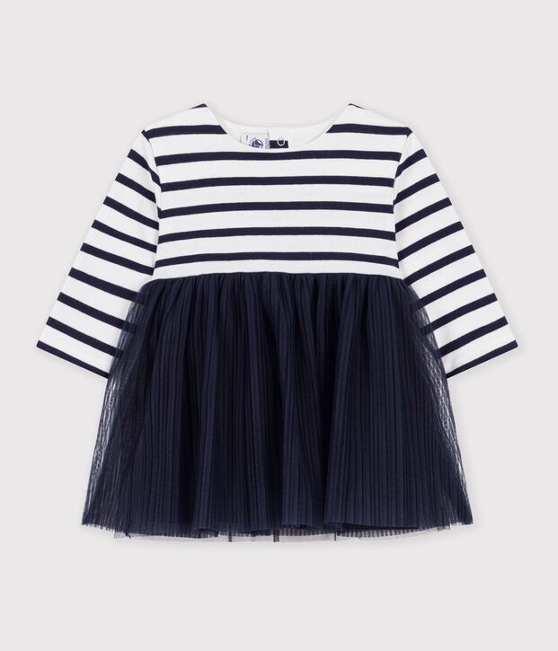 Gestreepte jurk met lange mouwen van twee materialen voor baby's wit/multicouleur