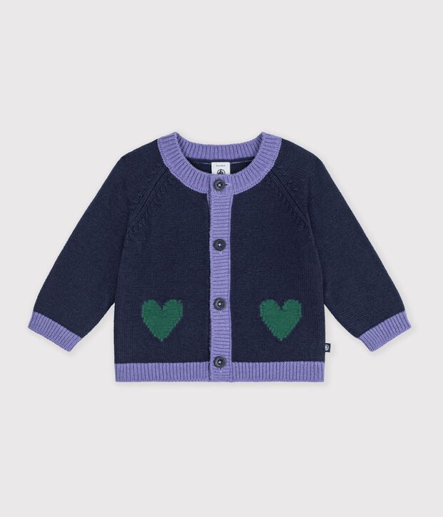 Babyvestje van gebreide wol en katoen met ingeweven hartjesmotief blauw/multicouleur