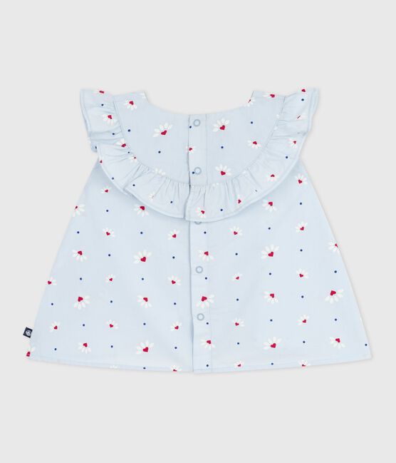 Blouse bébé en popeline de coton sans manches, imprimé fleurs bleu FRAICHEUR/blanc MULTICO
