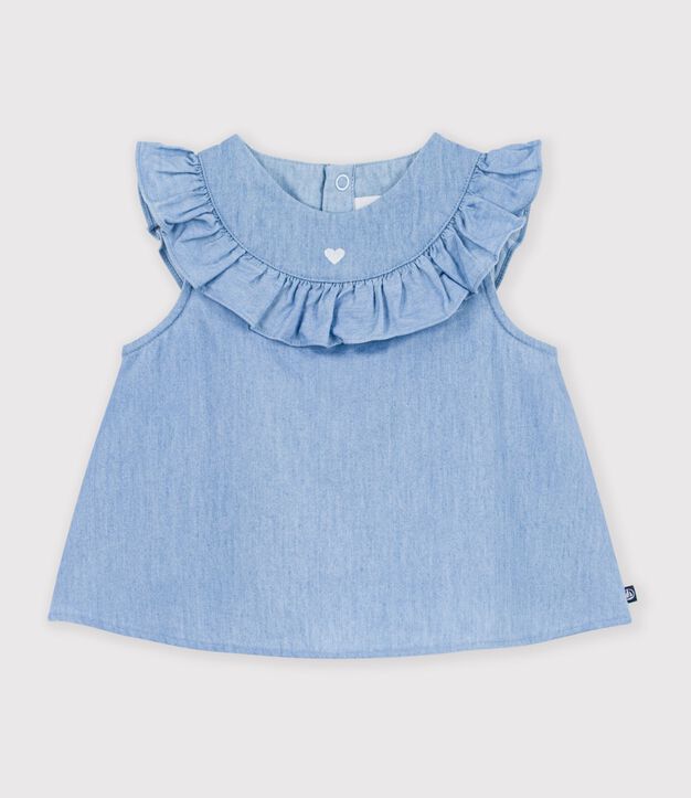 Katoenen babybloesje zonder mouwen in geborduurde chambray blauw