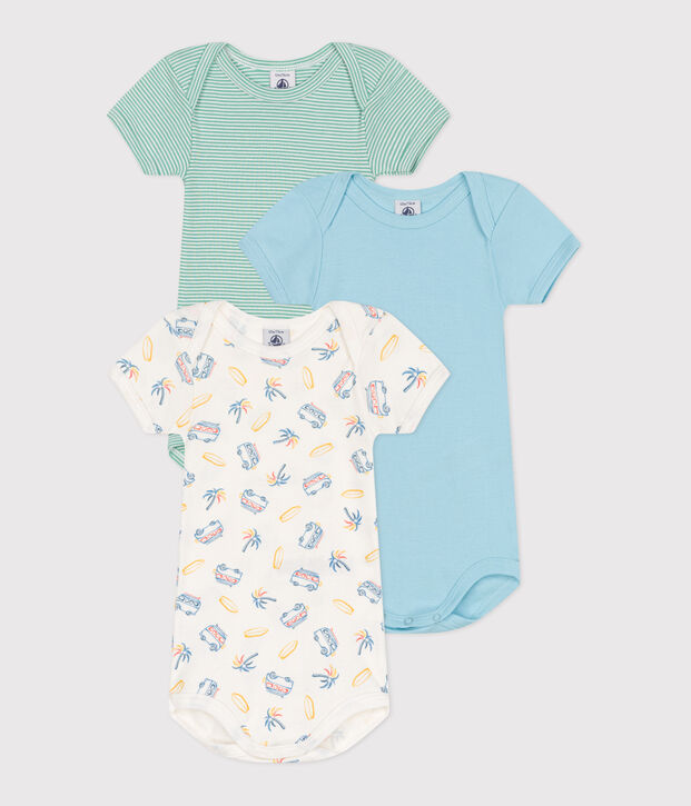 Setje met drie katoenen body's met korte mouw en busjesprint voor baby's multicouleur