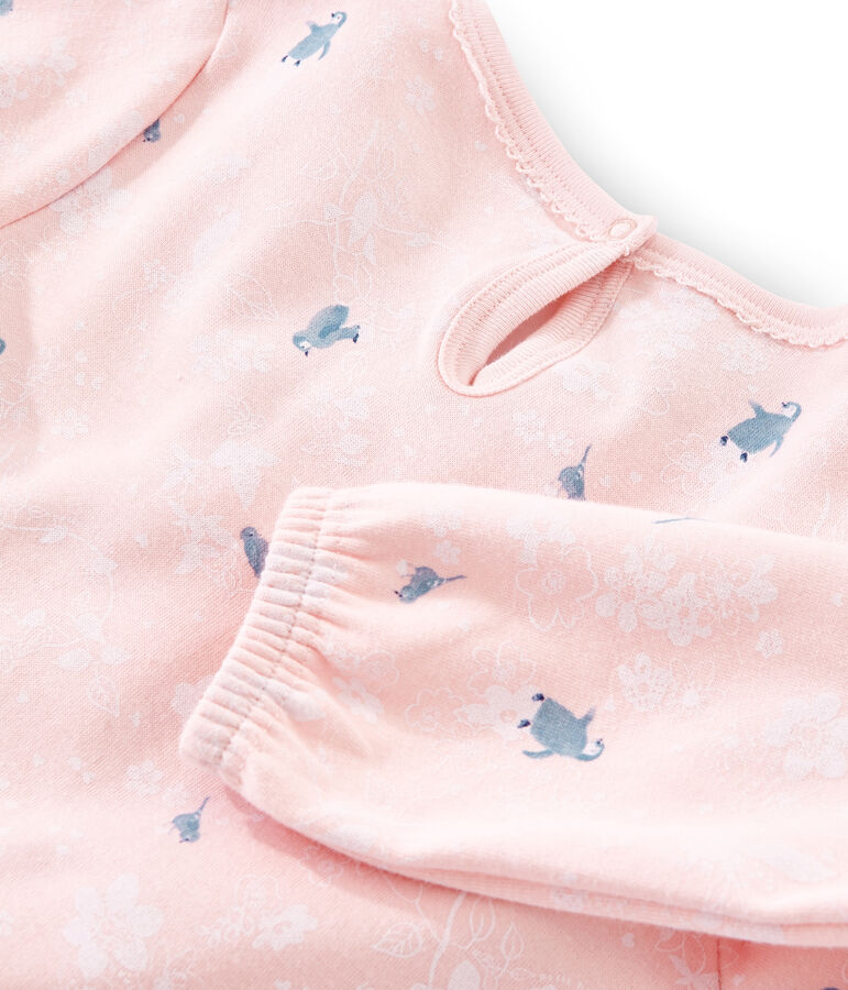 Meisjesnachthemd met lange mouwen van dubbelzijdig jersey met pingu&iuml;n print roze MINOIS/wit MULTICO
