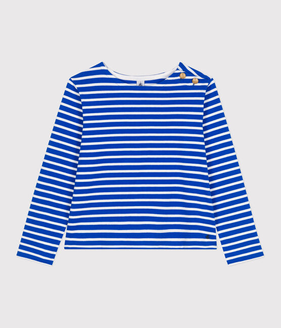 Marinière femme en coton manches longues bleu PERSE/blanc MARSHMALLOW