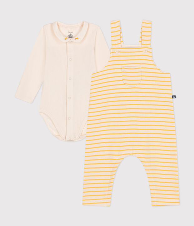 Babysetje met salopette en body van katoen ecru/geel