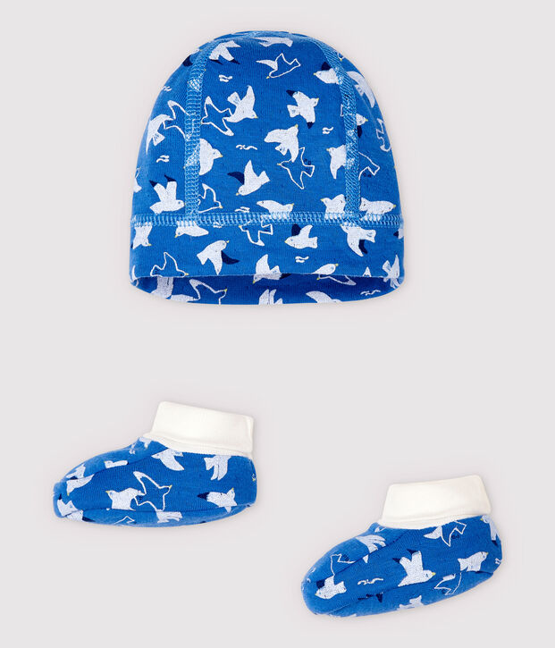Set van blauw babymutsje en slofjes van biologisch katoenen tubic multicouleur