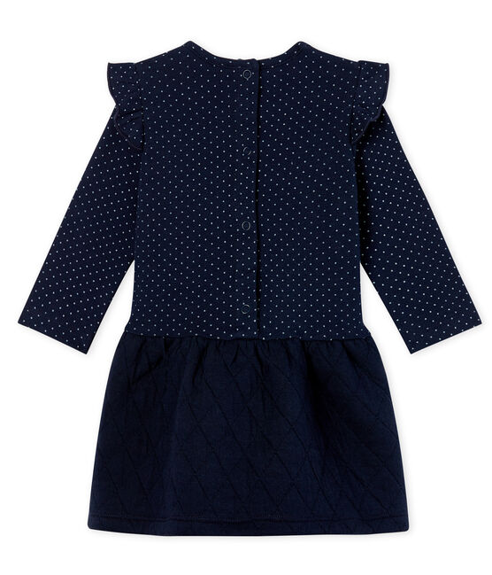 Jurk met lange mouwen twee soorten materiaal babymeisje blauw SMOKING/wit MARSHMALLOW
