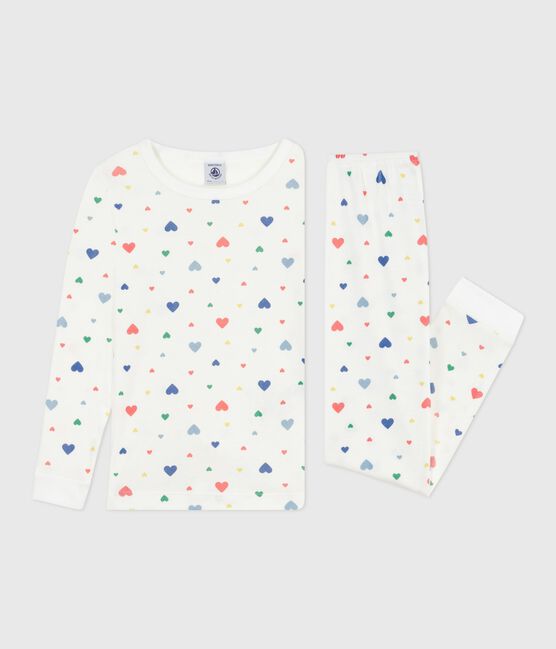 Pyjama enfant en coton jambes très ajustées imprimé cœurs blanc MARSHMALLOW/blanc MULTICO