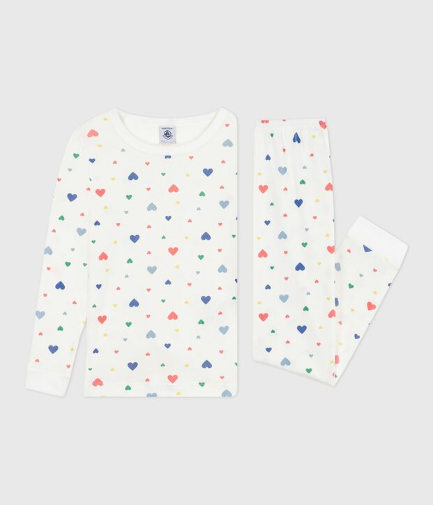 Pyjama enfant en coton tr&egrave;s ajust&eacute; imprim&eacute; c&oelig;urs blanc/multicouleur
