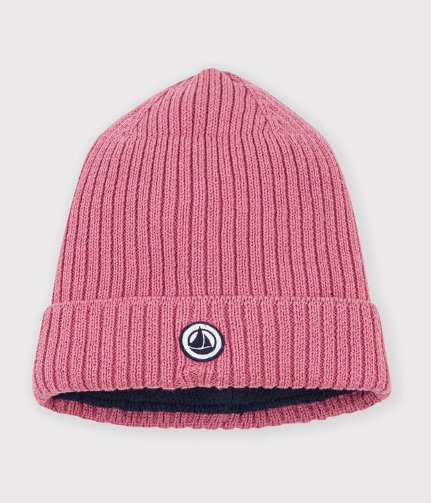 Gebreide kindermuts met fleecevoering roze