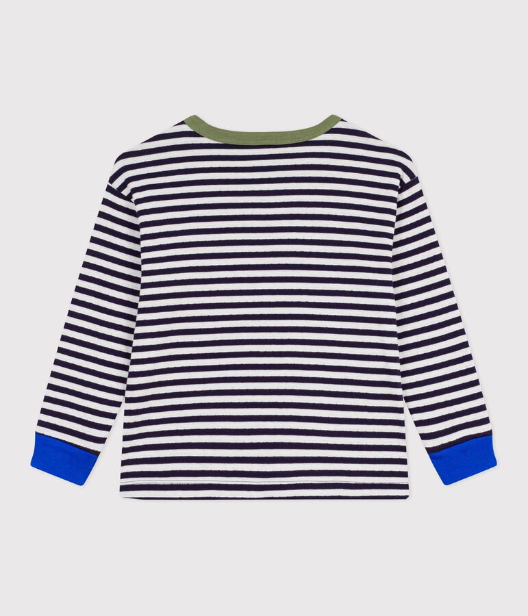 Tee-shirt enfant manches longues en coton &agrave; rayures bleu/&eacute;cru