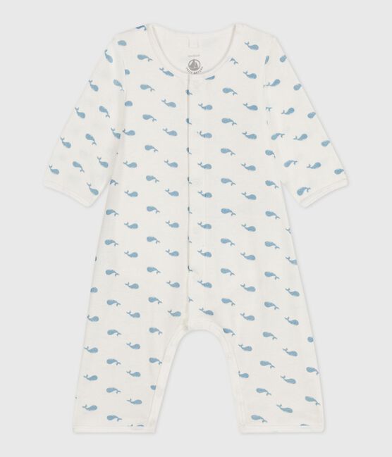 Katoenen bodypyjama zonder voetjes voor baby's met walvisprint MARSHMALLOW/ ADRIATIC