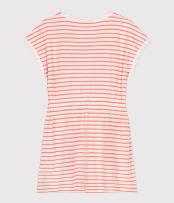 Gestreepte kinderjurk van katoenen badstof met korte mouwen oranje MARSHMALLOW/ ABRICOT