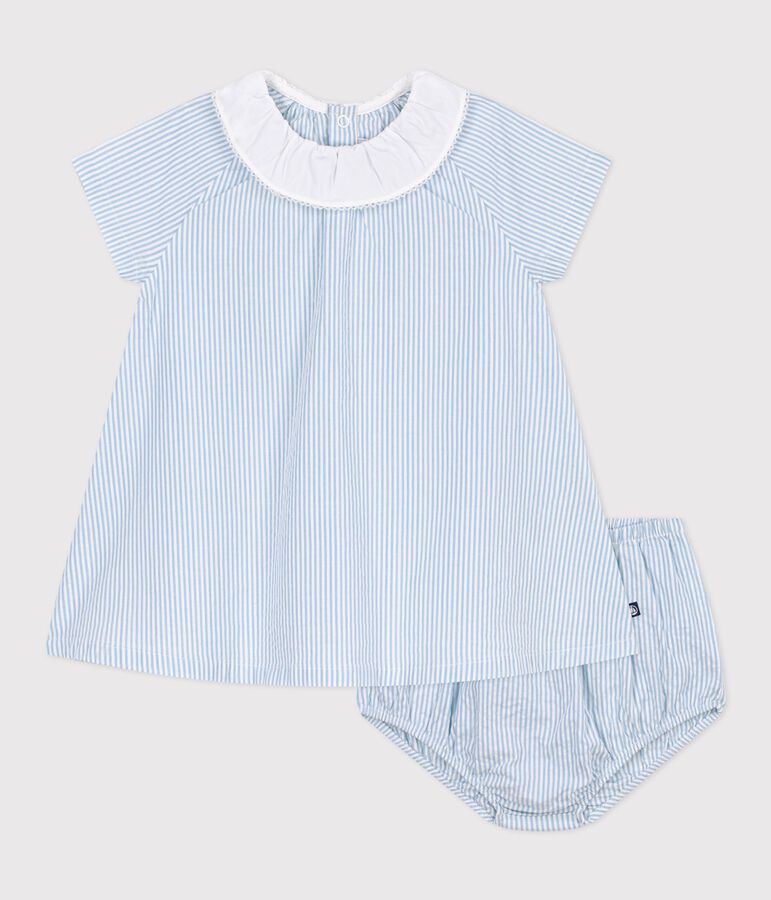 Robe b&eacute;b&eacute; en coton manches courtes et son bloomer, ray&eacute;s bleu MARSHMALLOW/ FLO