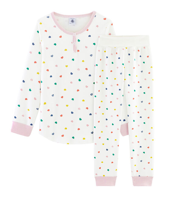 Meisjespyjama met hoge tailleband van dubbelzijdig jersey wit MARSHMALLOW/wit MULTICO