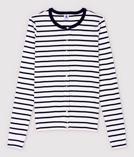 Iconisch gestreept katoenen cardigan Dames wit MARSHMALLOW/blauw SMOKING