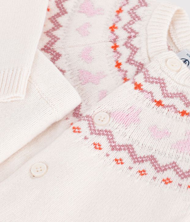 Gebreid babysetje met jacquardmotief. ecru/roze
