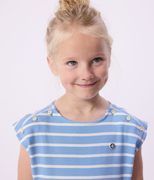 Mouwloze katoenen kinderjurk met strepen blauw/wit