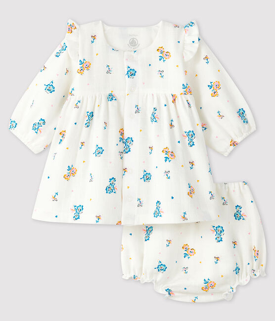 Robe Fleurie Manches Longues Avec Bloomer Bebe Fille En Tissu Couche Marshmallow Multico Petit Bateau