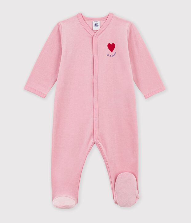 Pyjama b&eacute;b&eacute; en velours uni avec motif plac&eacute; rose clair