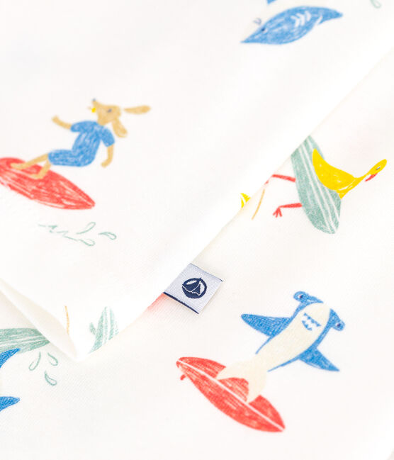 Katoenen kinderpyjama met lange mouw en surfersprint wit MARSHMALLOW/wit MULTICO