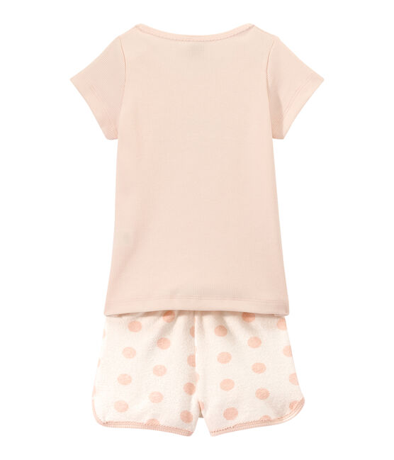 Korte meisjespyjama in twee stoffen met opdruk wit LAIT/roze ROSE/ FLEUR