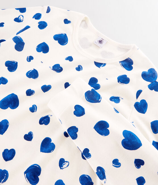 Pyjama cœurs bleus petite fille en molleton blanc MARSHMALLOW/bleu BLEU
