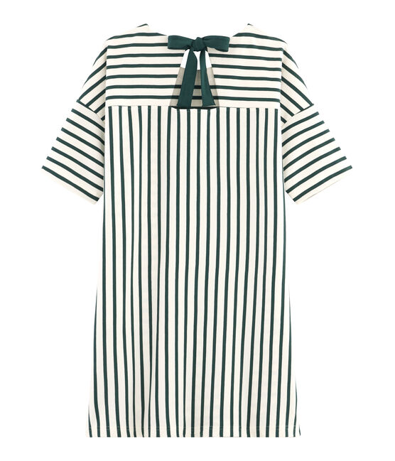Jurk met korte mouwen vrouwen beige COQUILLE/groen SOUSBOIS