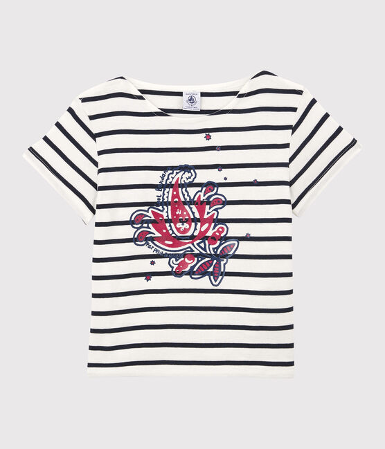 T-shirt manches courtes en coton bio enfant fille blanc MARSHMALLOW/bleu SMOKING
