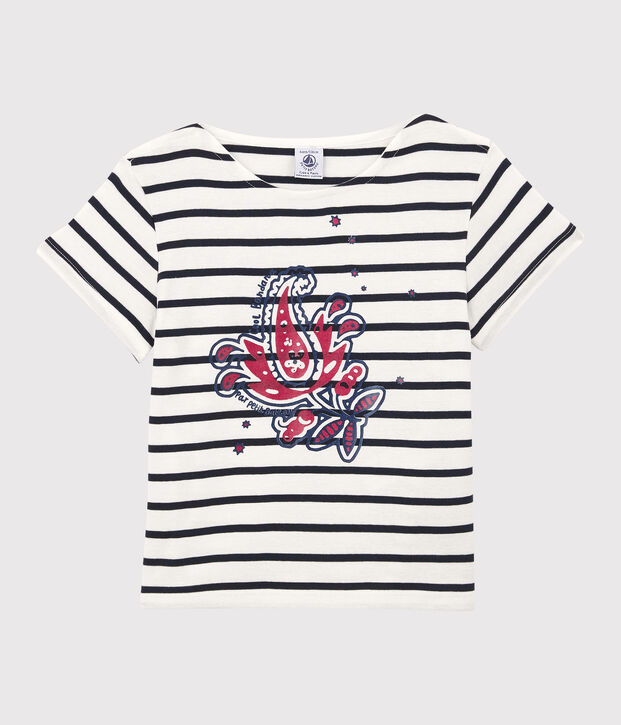 T-shirt met korte mouwen in biokatoen voor meisjes wit/blauw