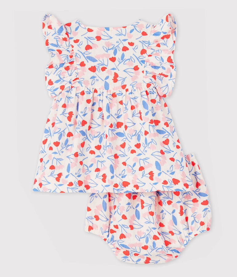 Mouwloze bloemenjurk met bloomers voor babymeisjes van biologisch katoenen luierstof roze/multicouleur