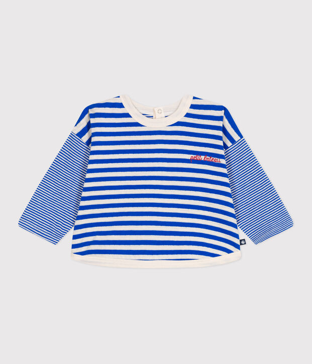 Tee-shirt b&eacute;b&eacute; en coton &agrave; manches longues ray&eacute; bleu/&eacute;cru