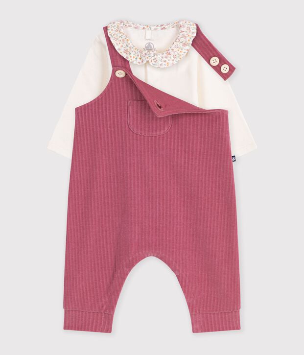 Ensemble salopette et body b&eacute;b&eacute; en coton avec col uni rose/&eacute;cru