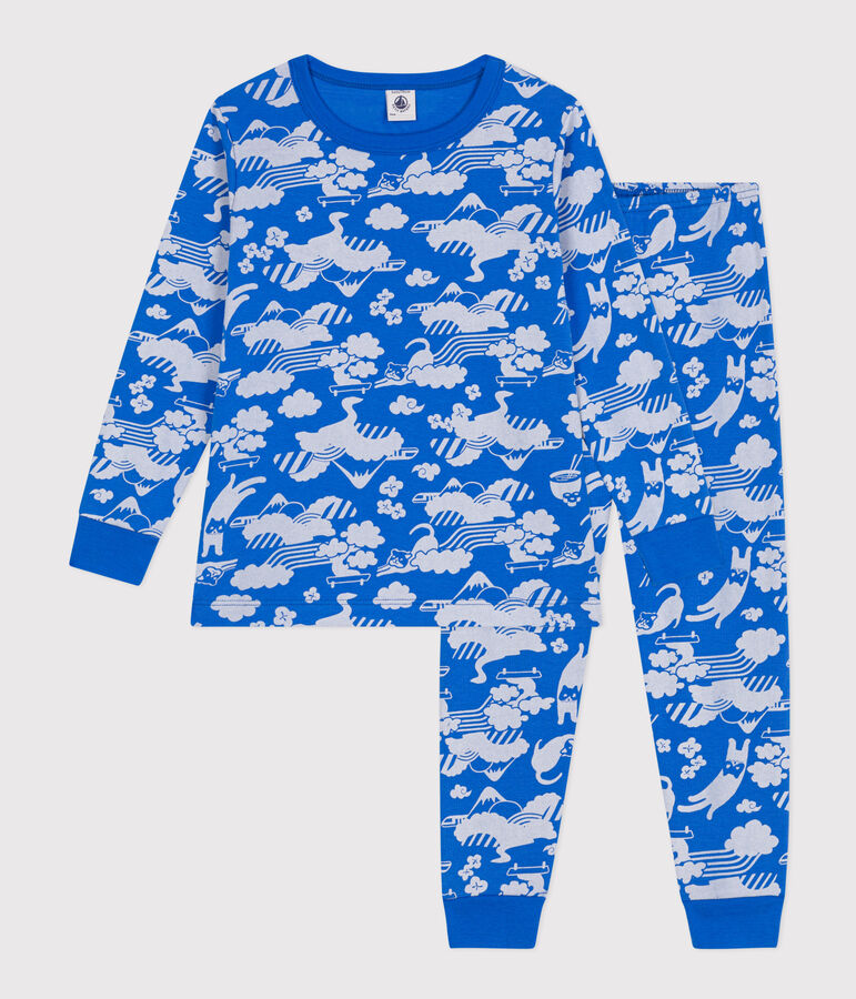 Katoenen kinderpyjama met print blauw/wit