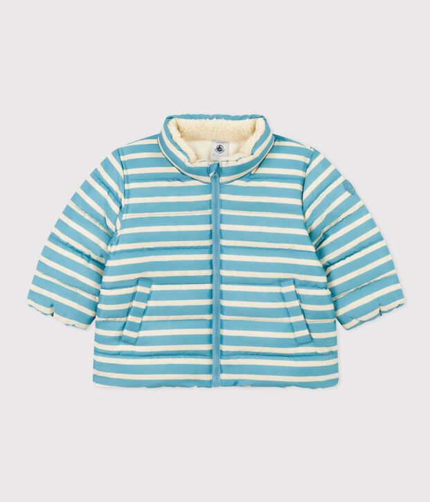 Gestreept babyjack met oprolbare capuchon blauw/ecru