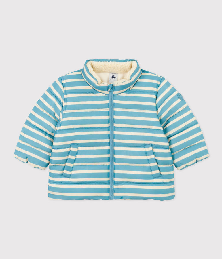 Gestreept babyjack met oprolbare capuchon blauw/ecru